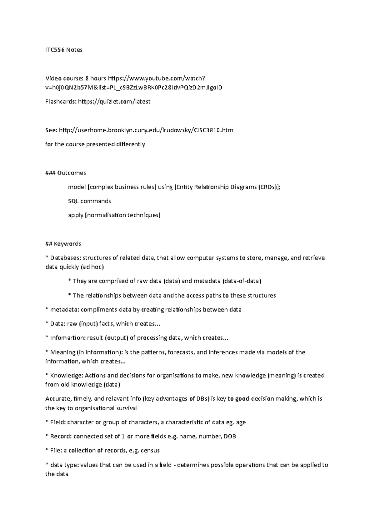 ITC556 Database Management Systems: Concepts & Design Notes - Studocu