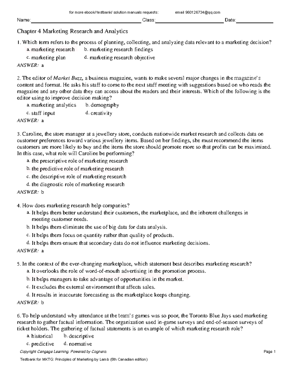 Ch4 - N/A - Name: Class: Date: Chapter 4 Marketing Research and ...
