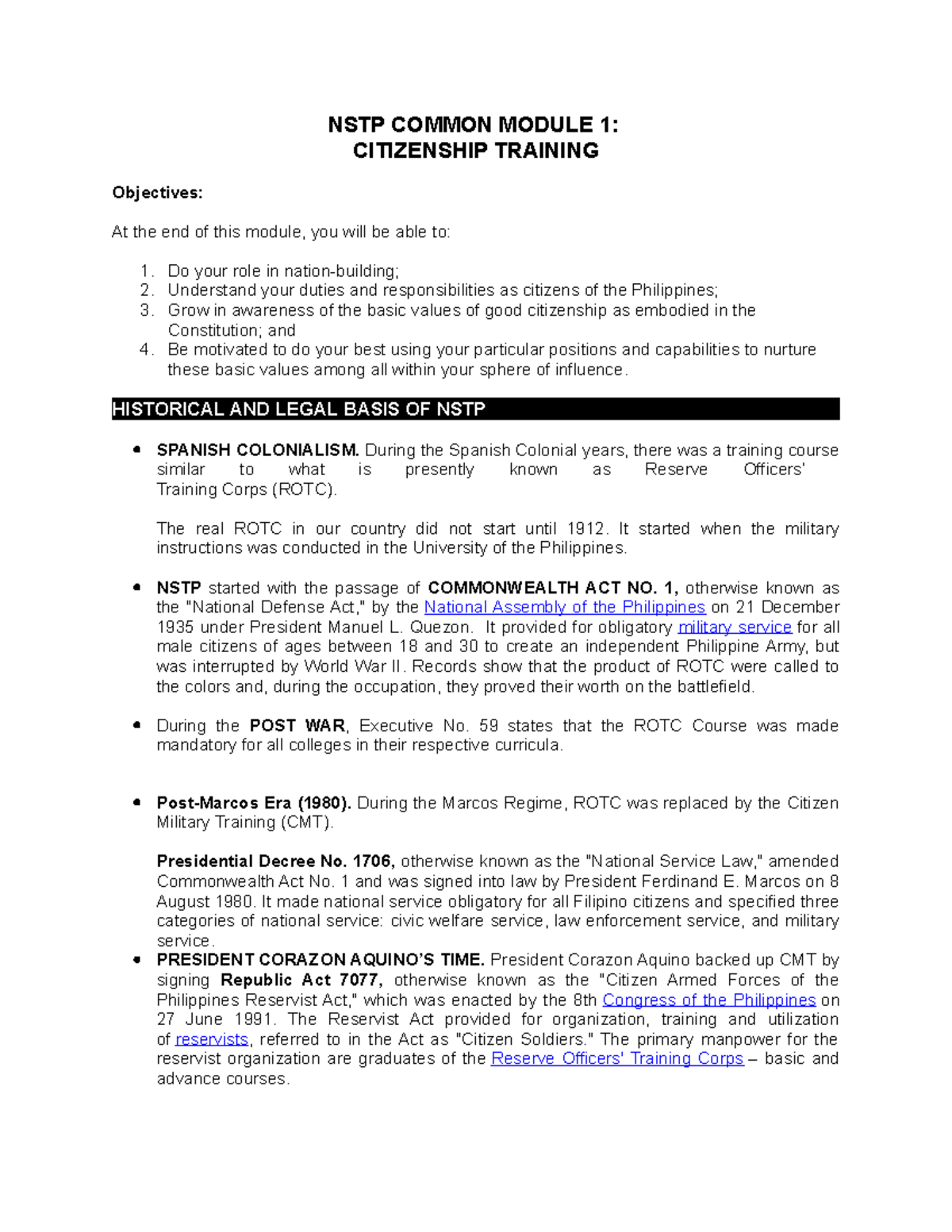 NSTP 1: Common Module 1 - Citizenship Training Overview and History ...