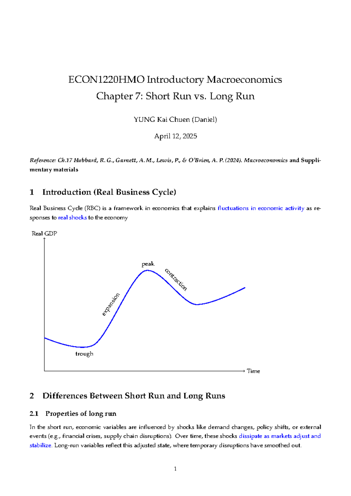 ECON1220HMO Introductory Macroeconomics Tutorial Notes: Short Run vs ...
