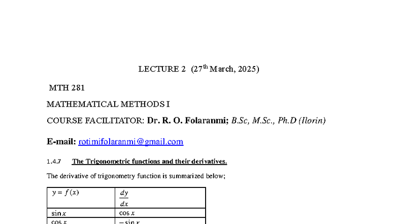 MTH 281 Lecture 2: Derivatives of Trigonometric & Logarithmic Functions ...