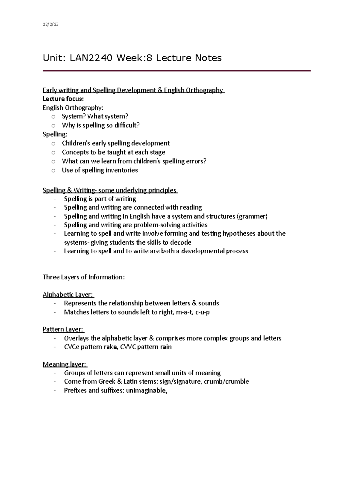 LAN2240 Week 8 Lecture Notes: Spelling Development & English ...
