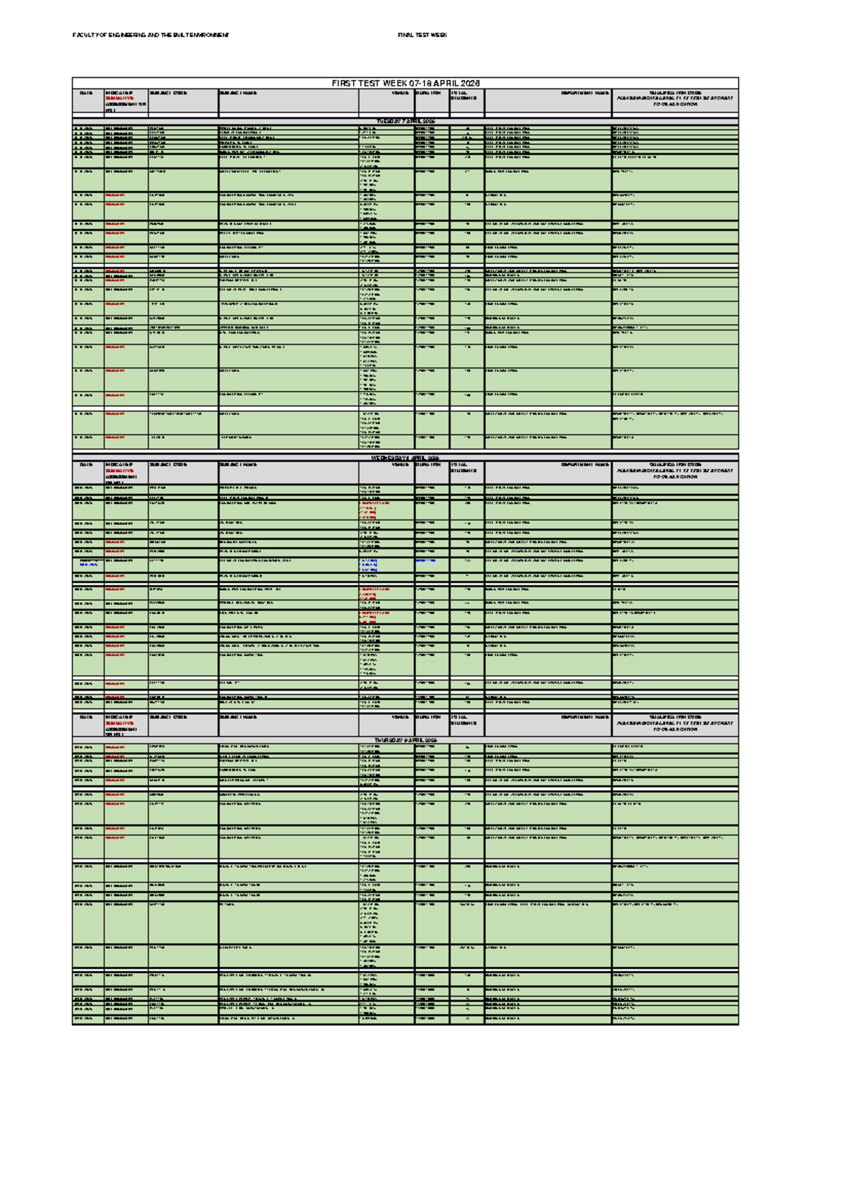Final Test Week Schedule for Engineering Courses (April 2026) - Studocu