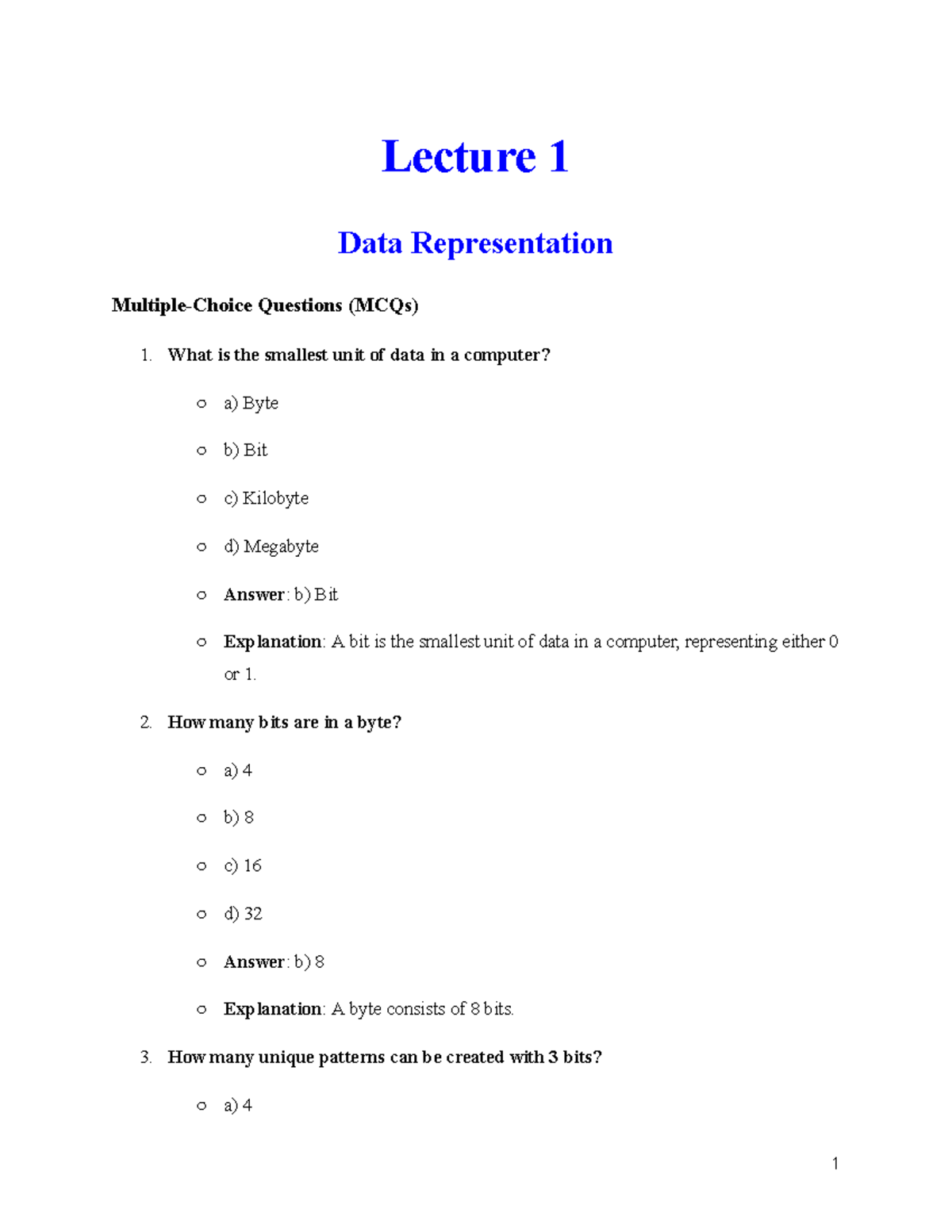 CSE100 CIS101 Lecture 1 & 2 Data Representation MCQs - Studocu