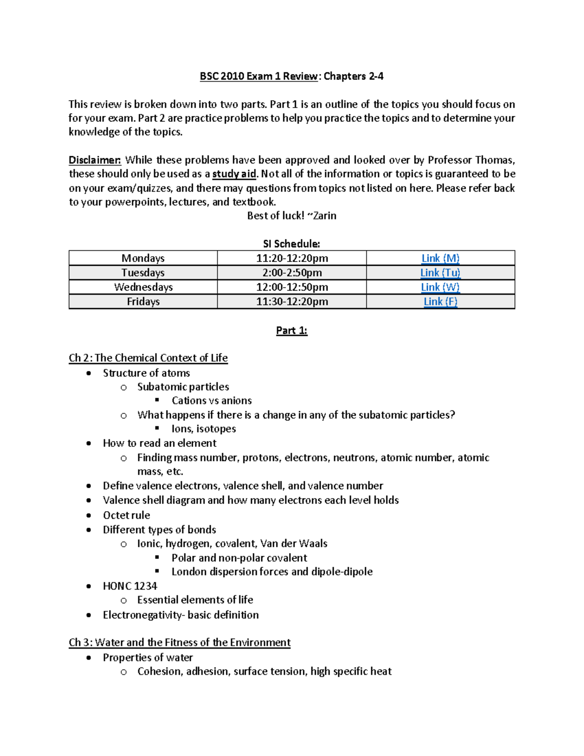 BSC 2010 Exam 1 Review: Key Topics and Practice Questions - Studocu