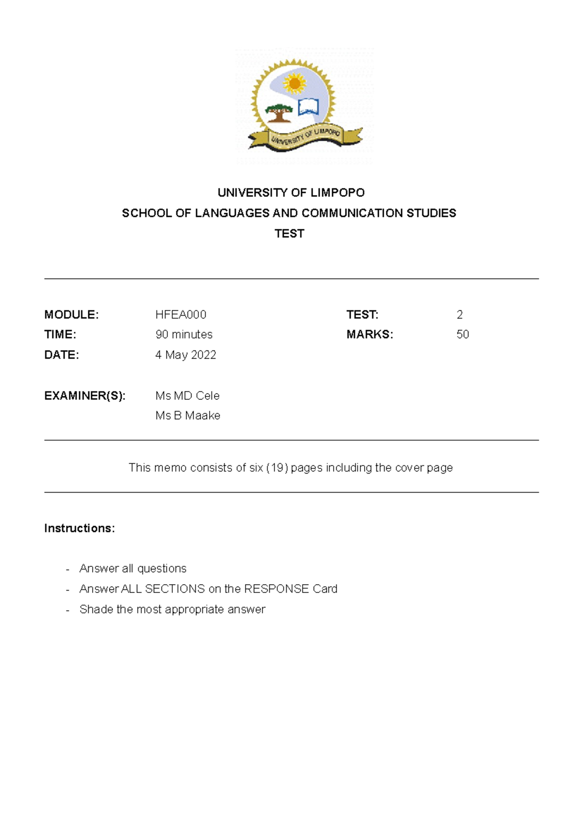 HFEA000 Test 2 Memo and Answer Key - May 2022 - Studocu