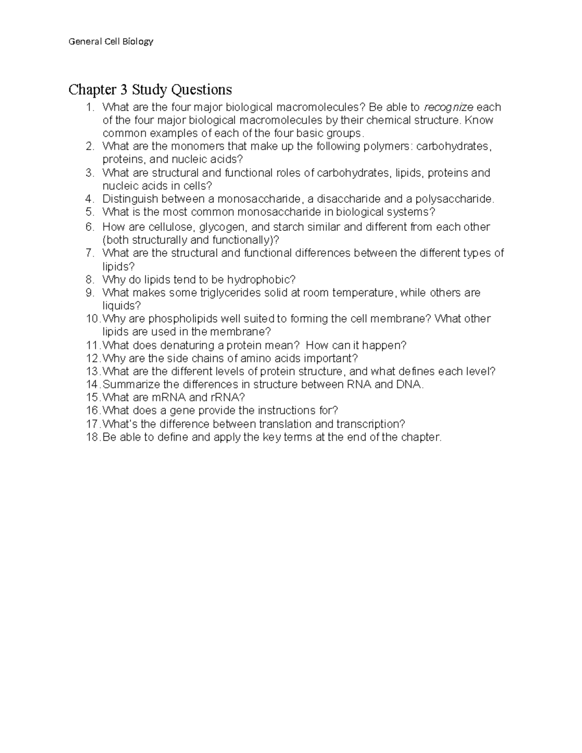 General Cell Biology: Chapter 3 Study Questions & Key Concepts - Studocu