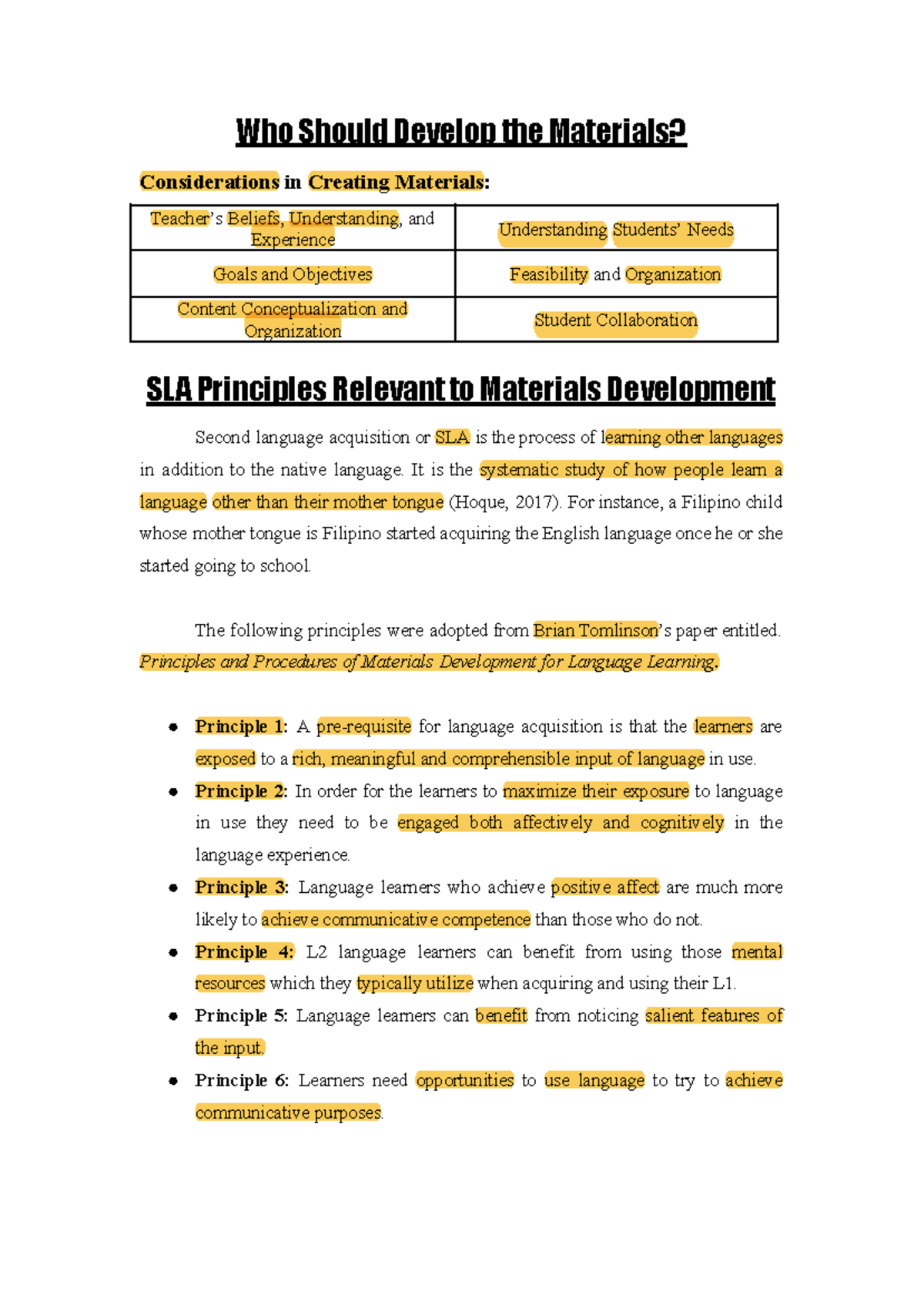 Who Should Develop Materials? SLA Principles and Considerations - Studocu