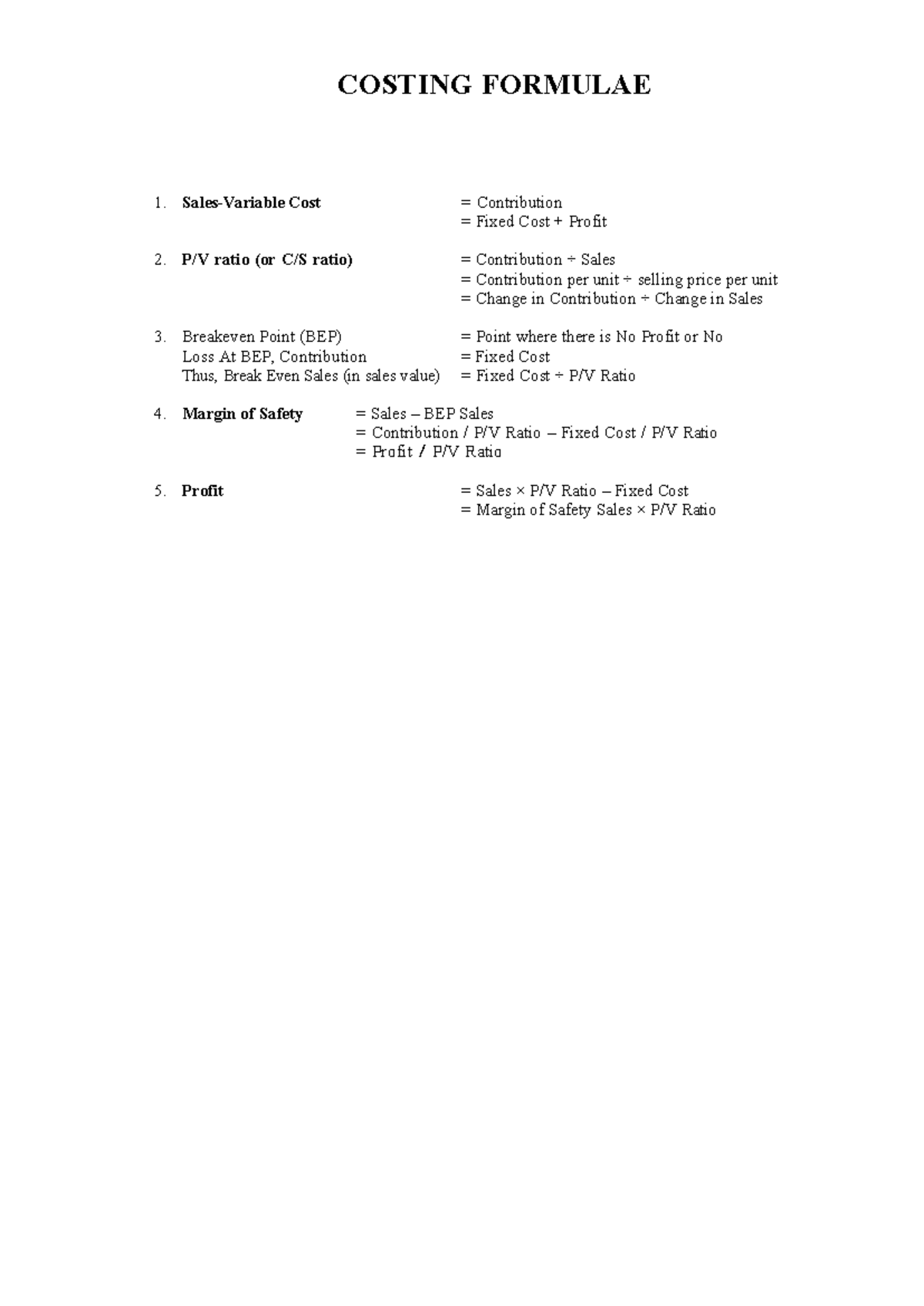 Costing-formulas - to practice - COSTING FORMULAE 1. Sales-Variable ...