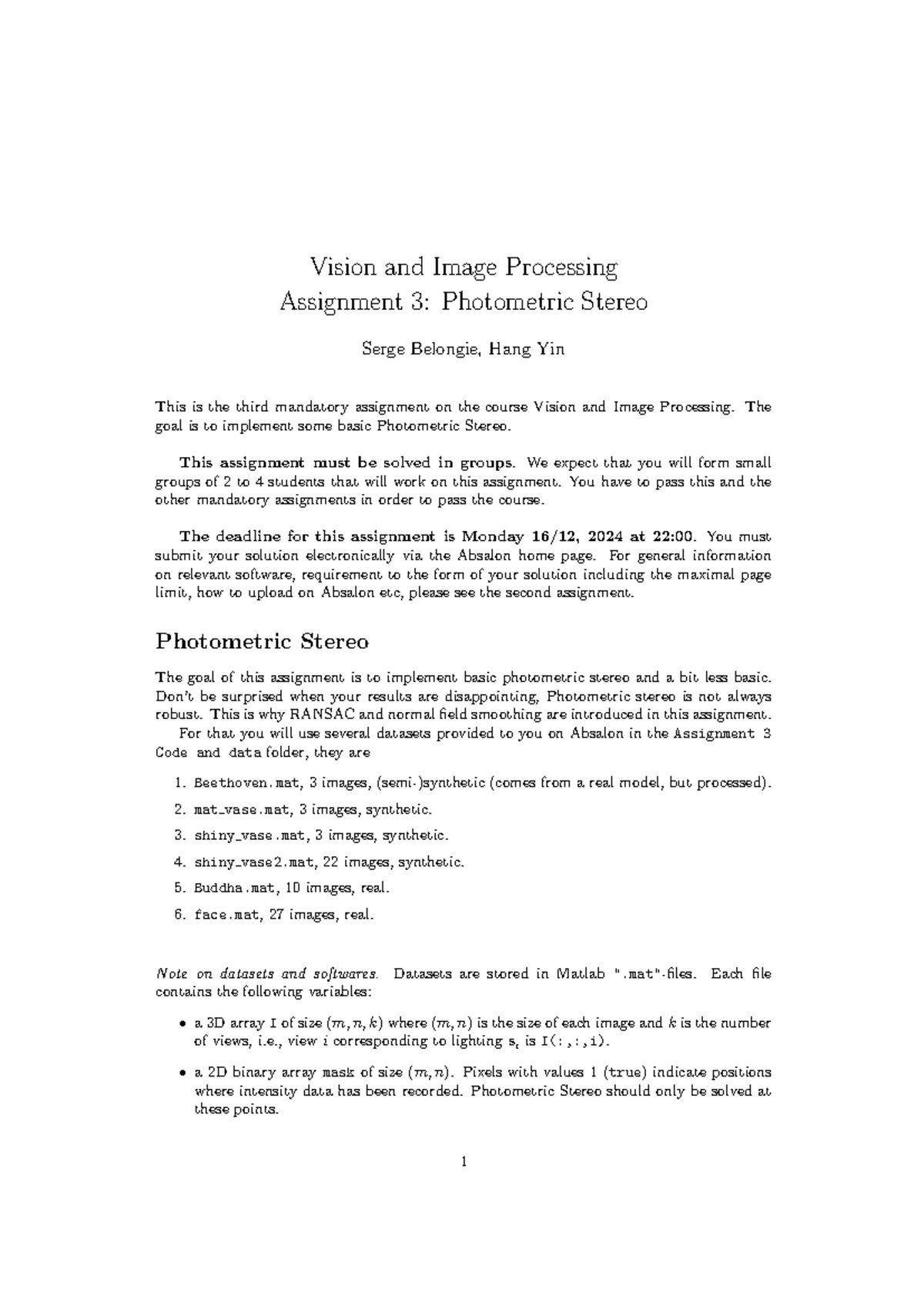 Assignment 3: Photometric Stereo in Vision and Image Processing - Studocu