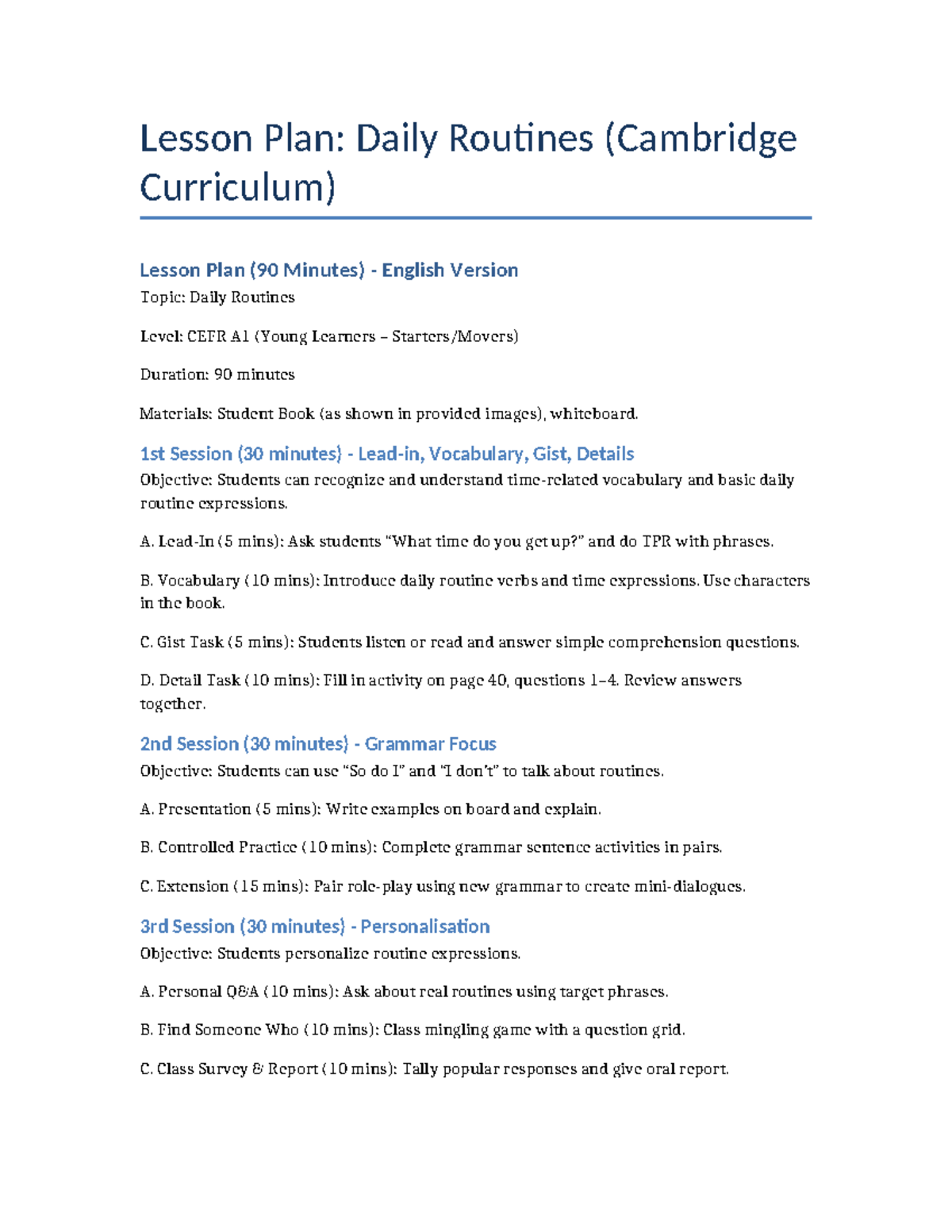 Lesson Plan: Daily Routines (CEFR A1, 90 Min, Cambridge Curriculum ...