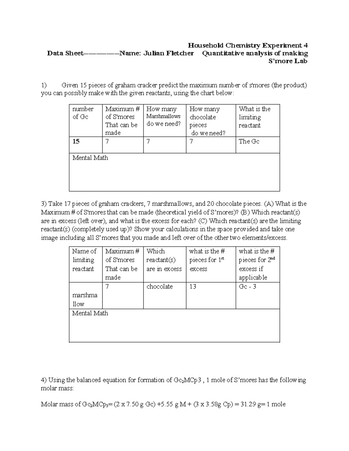 HHC 4: Quantitative Analysis of Graham Cracker S'mores Experiment - Studocu