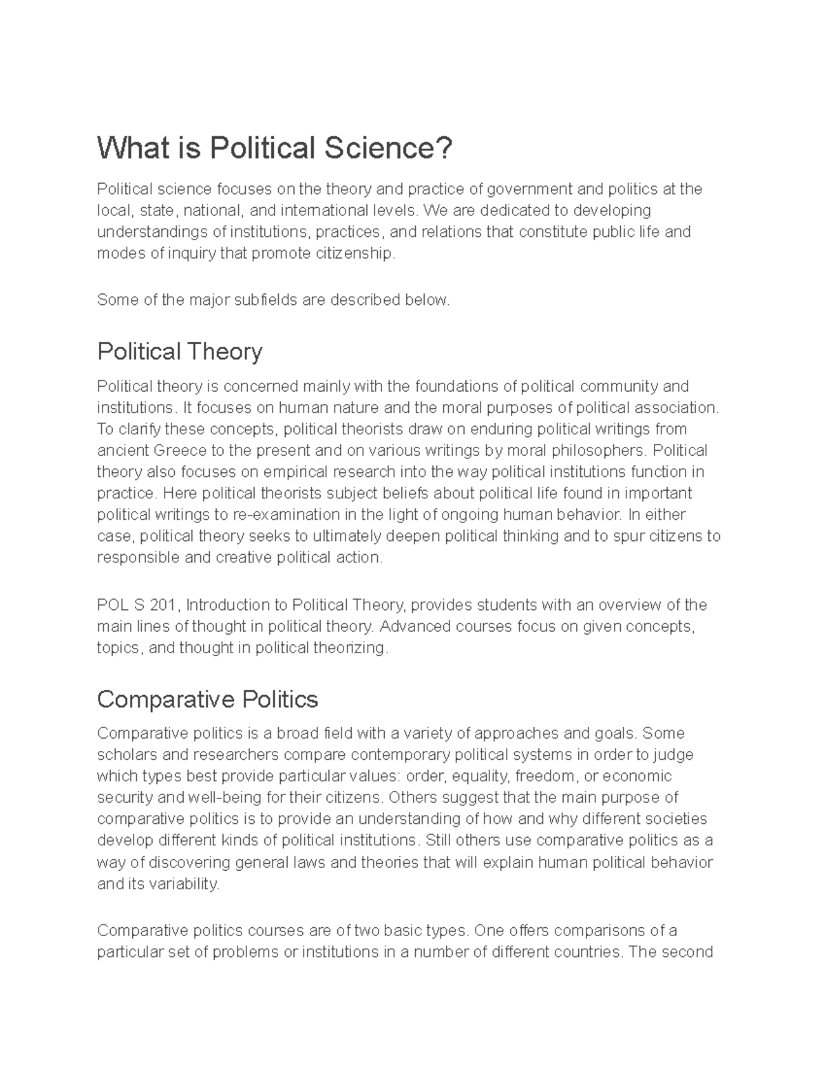 POL S 201: Understanding Political Science and Its Core Fields - Studocu