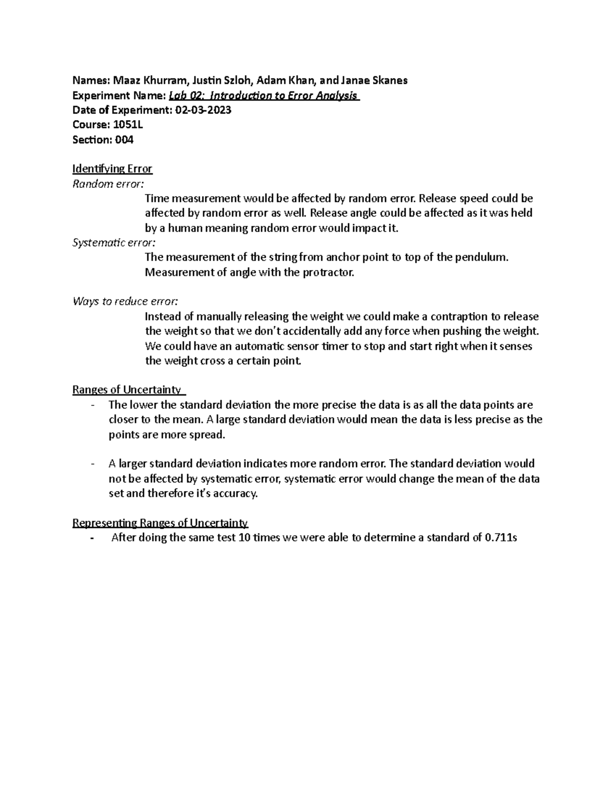 Lab 02 - Introduction to Error Analysis (1051L) - Studocu