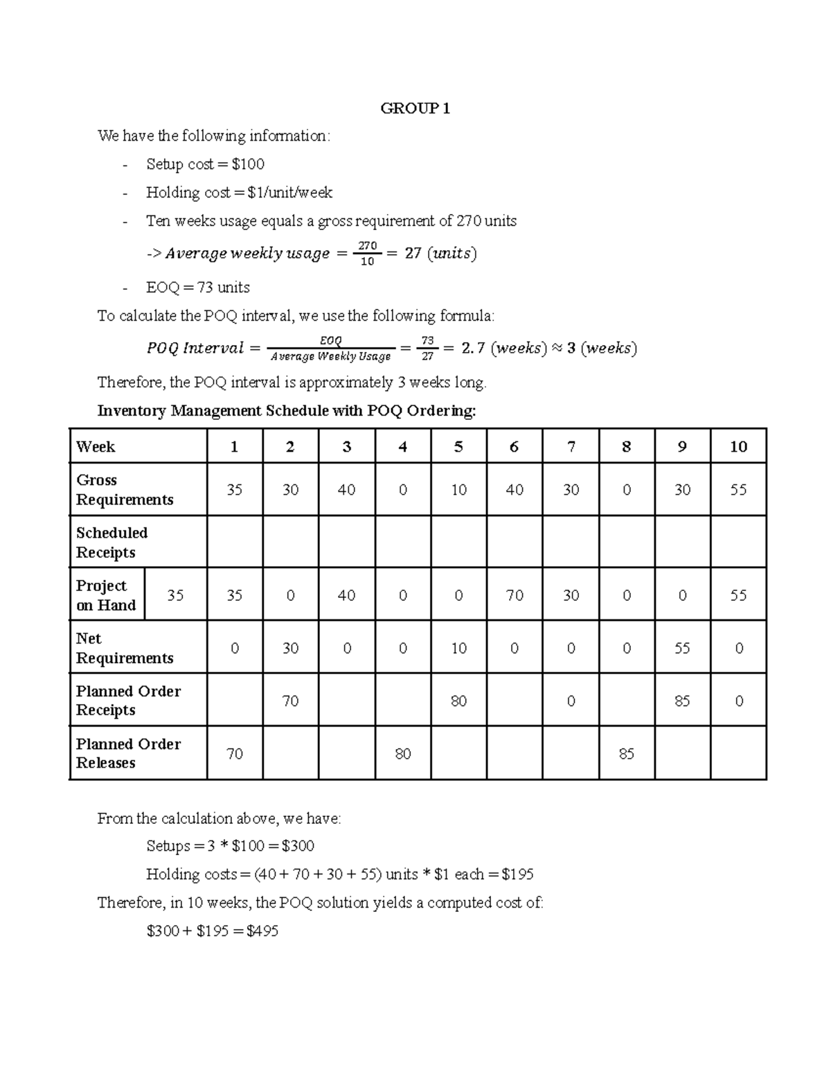 Group 1 - Lot Sizing with POQ Analysis and Inventory Management - Studocu