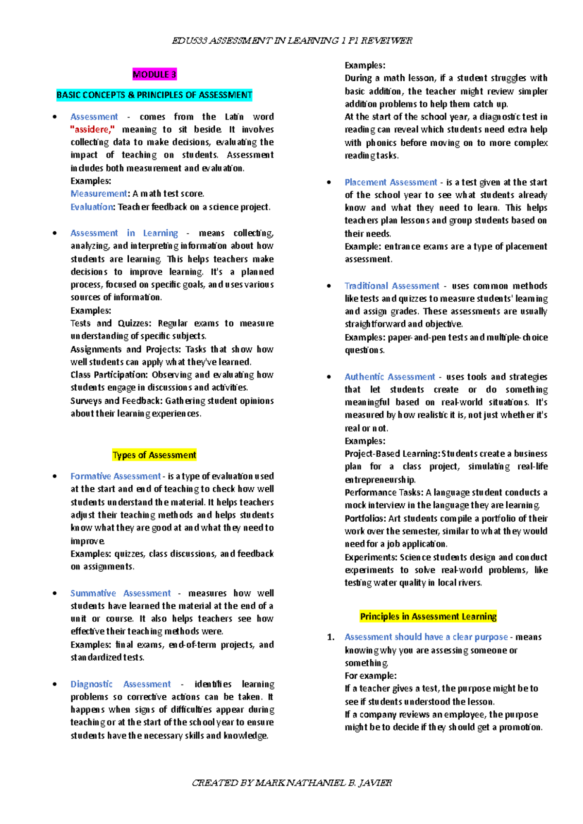 EDU533 ASSESSMENT IN LEARNING 1 P1 REVIEWER: Key Concepts & Methods ...