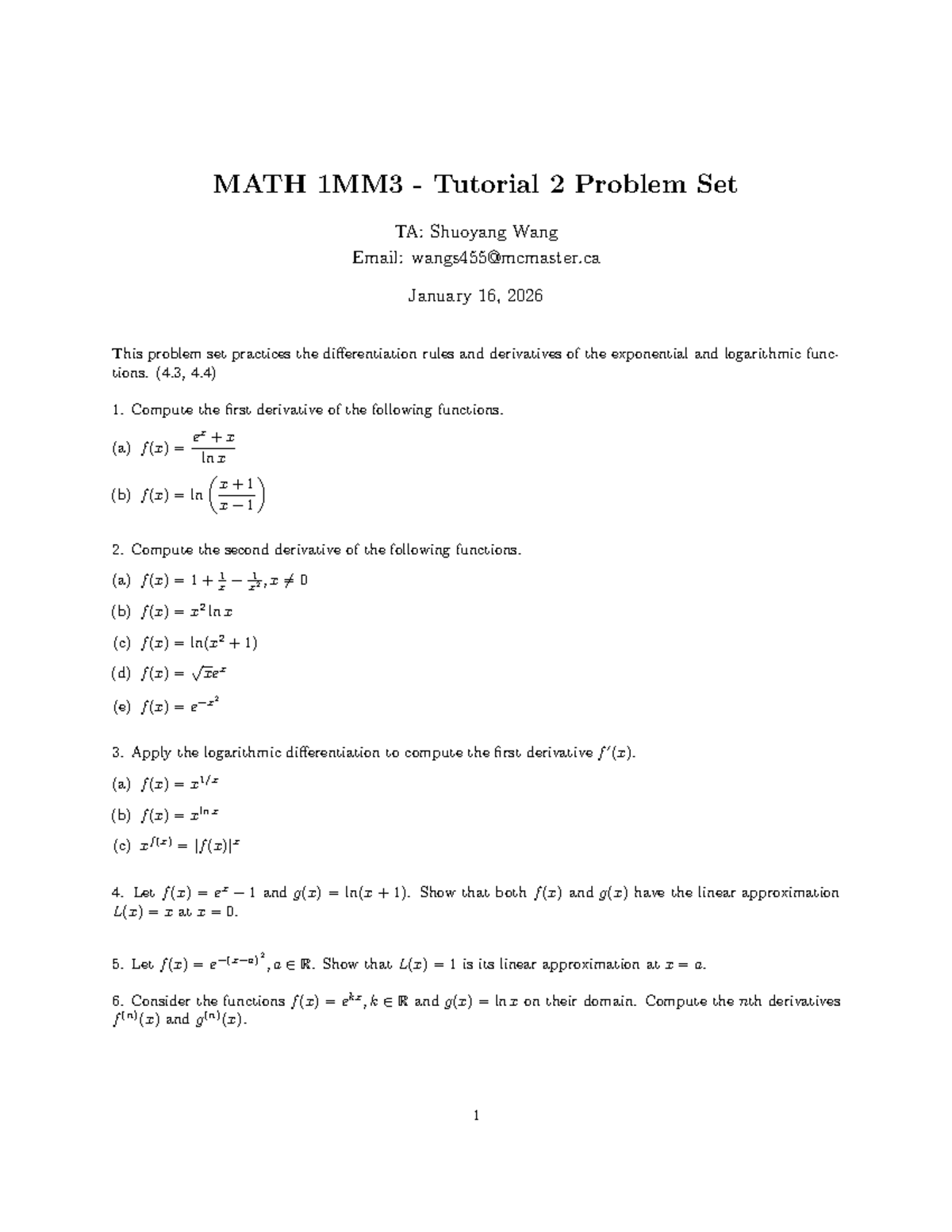 MATH 1MM3 Tutorial 2: Differentiation Rules & Derivatives - Studocu