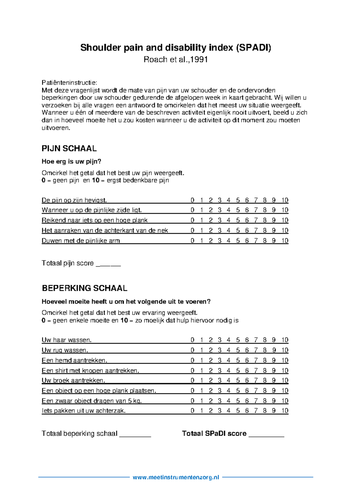 SPADI-Meetinstrument Fysiotherapie voor Frozen Shoulder Evaluatie ...