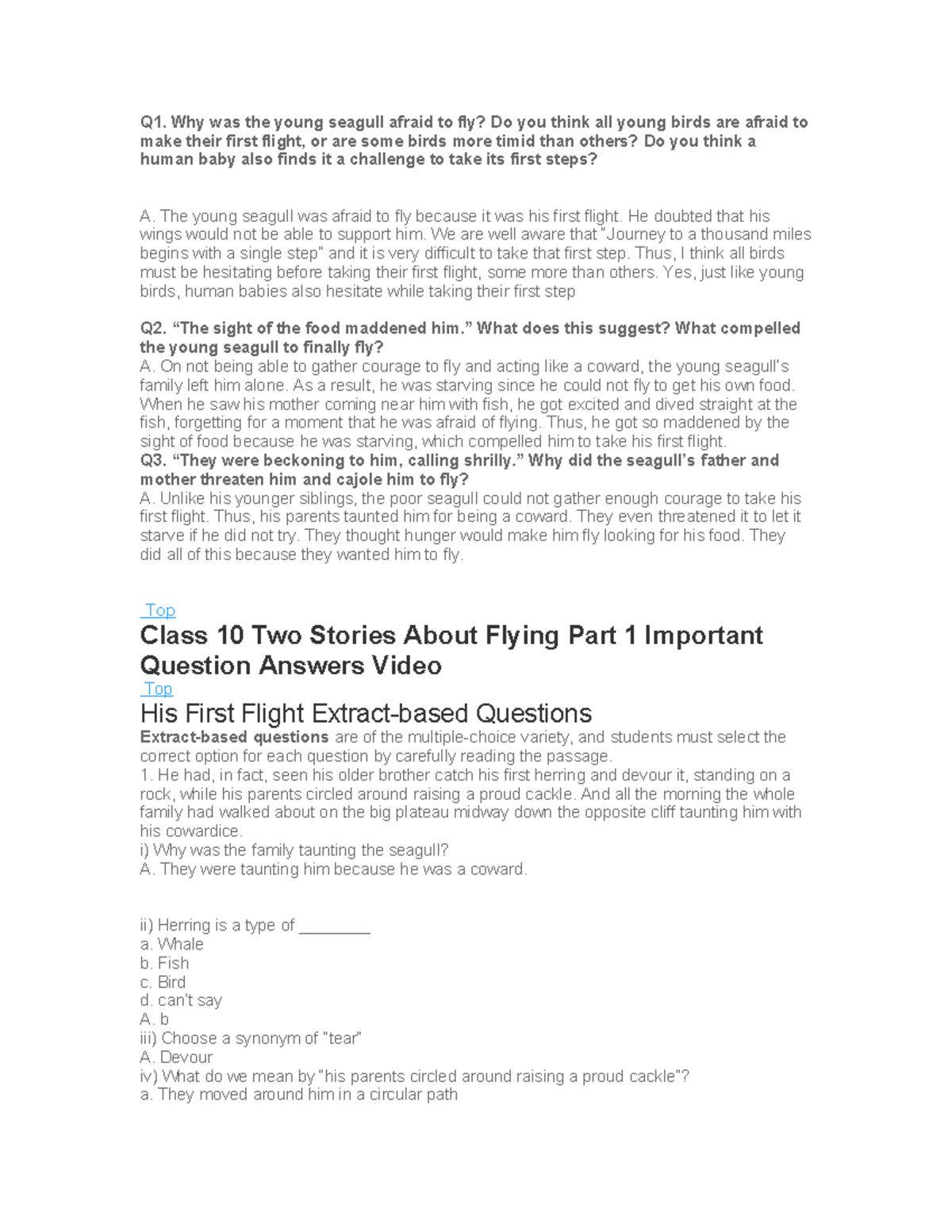Class 10 English: Two Stories About Flying - Important Q&A on 'His ...