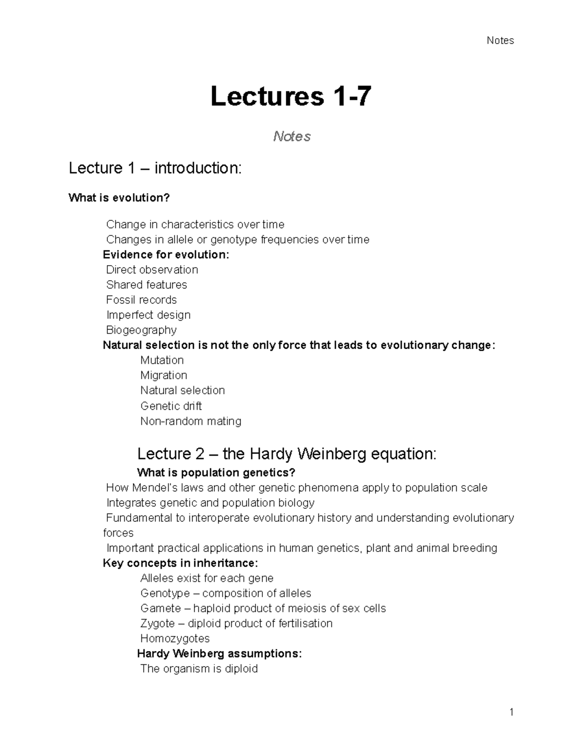 Evolution 1-7 - Summary of lectures 1-7 - Lectures 1- Notes Lecture 1 ...