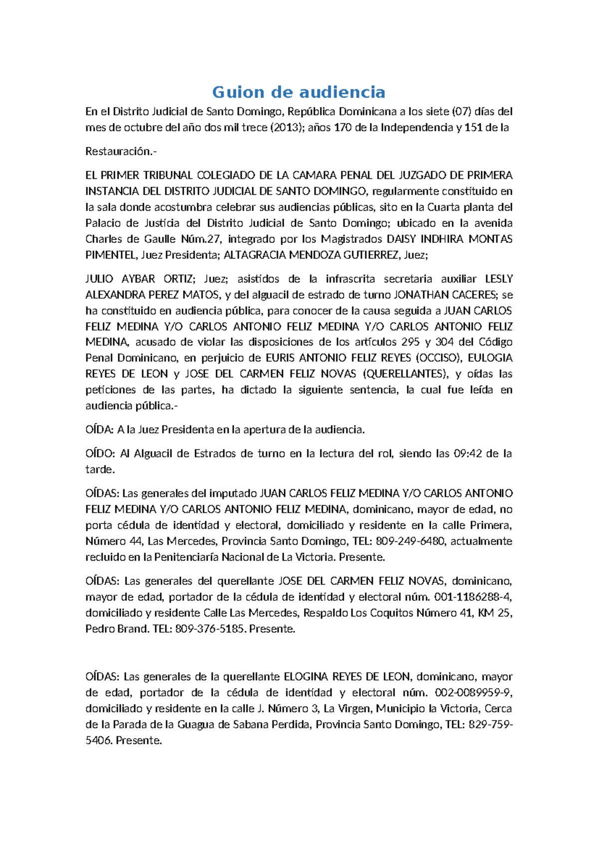 Guion de Audiencia del Juicio a Juan Carlos Feliz Medina (2013) - Document Preview