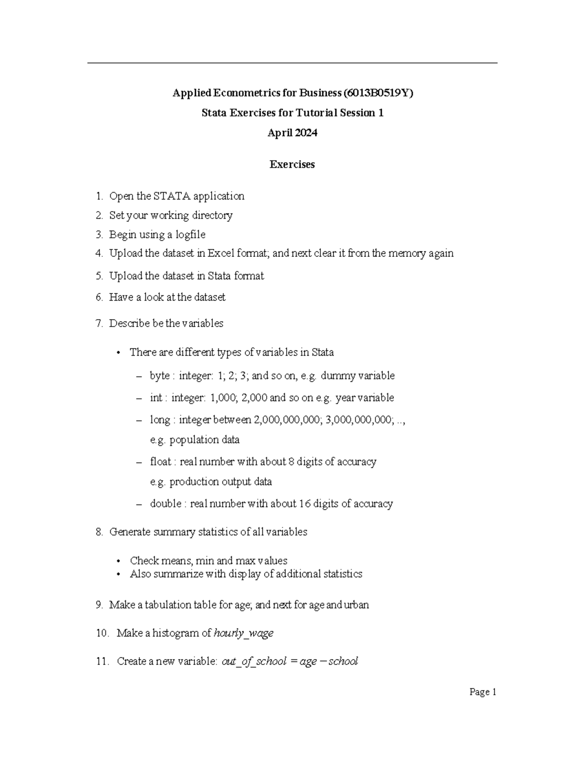 6013B0519Y Tutorial 1: Stata Exercises for Applied Econometrics ...