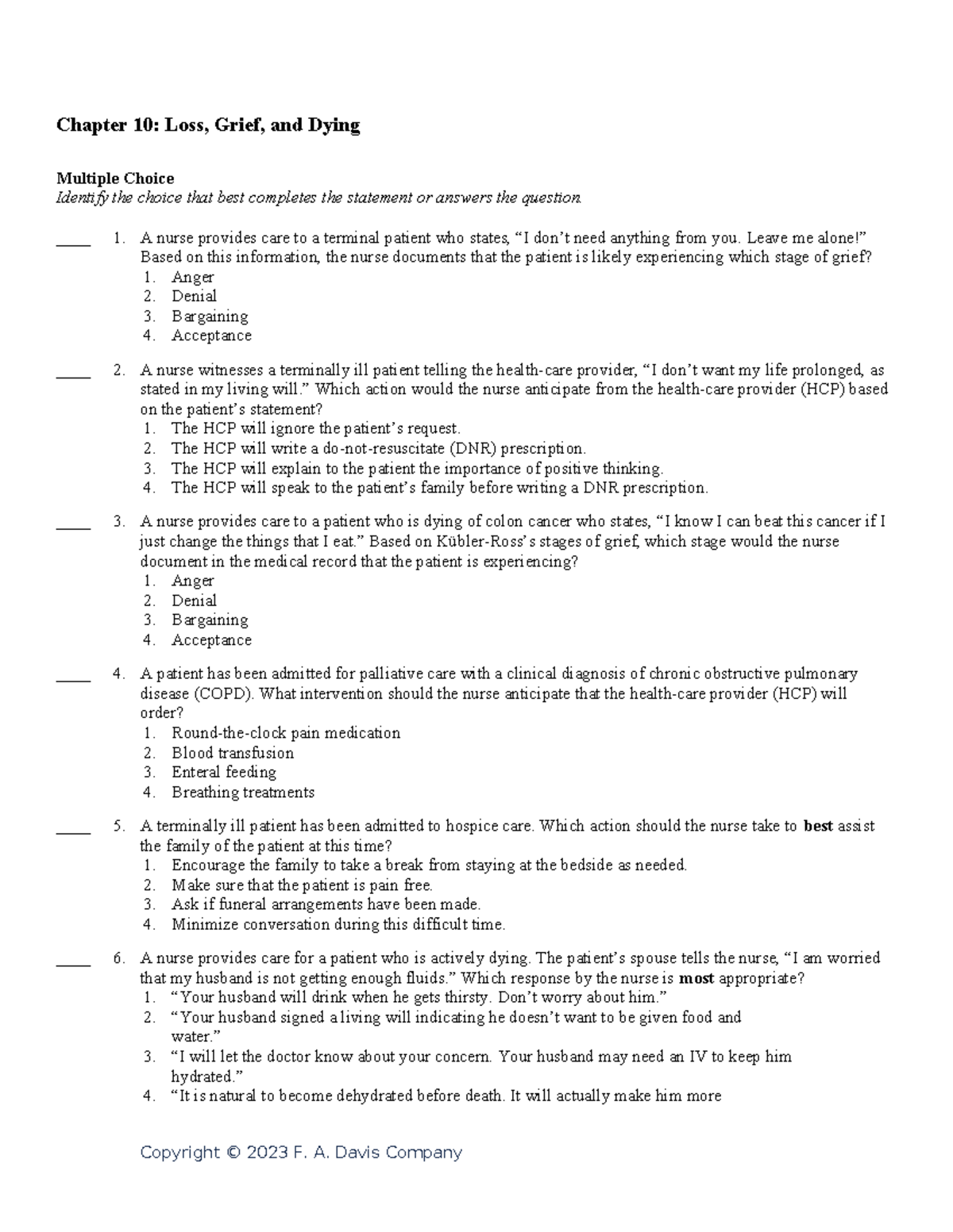 Ch10 - Exam Review: Loss, Grief, and Dying Questions - Studocu