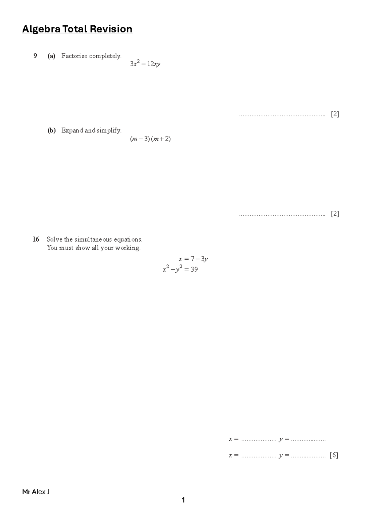 Algebra Total Revision 9: Factorization & Equation Solutions - Studocu