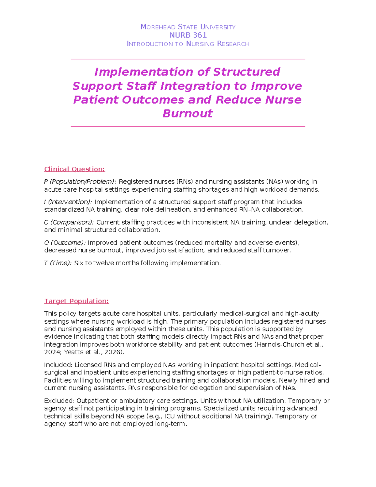 NURB 361 Final Exam: Structured Support Staff Integration for Patient ...