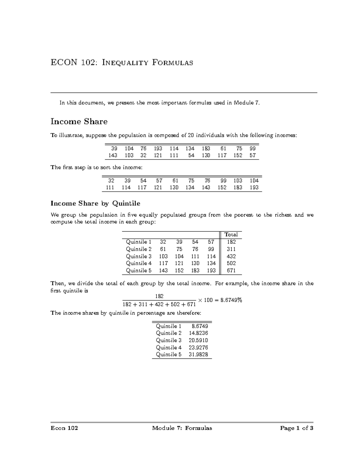 ECON 102: Key Formulas for Income Inequality Analysis - Studocu