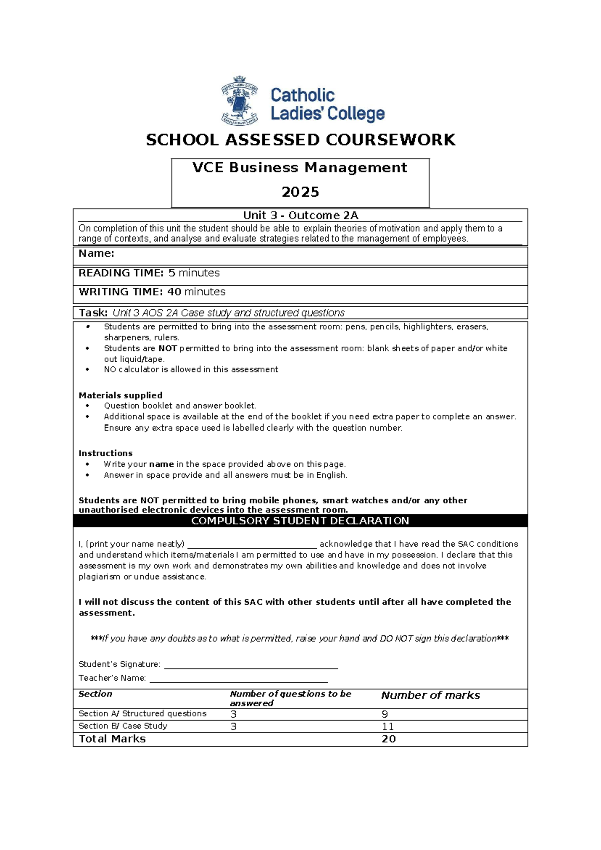 2025 VCE Business Management U3 AOS2A SAC Case Study & Questions - Studocu