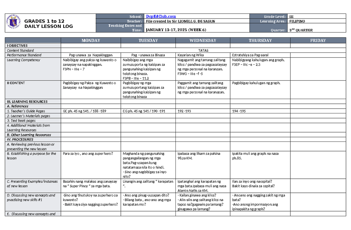 DLL Filipino 3 Q3 W6 - Daily Lesson Log Overview - Studocu
