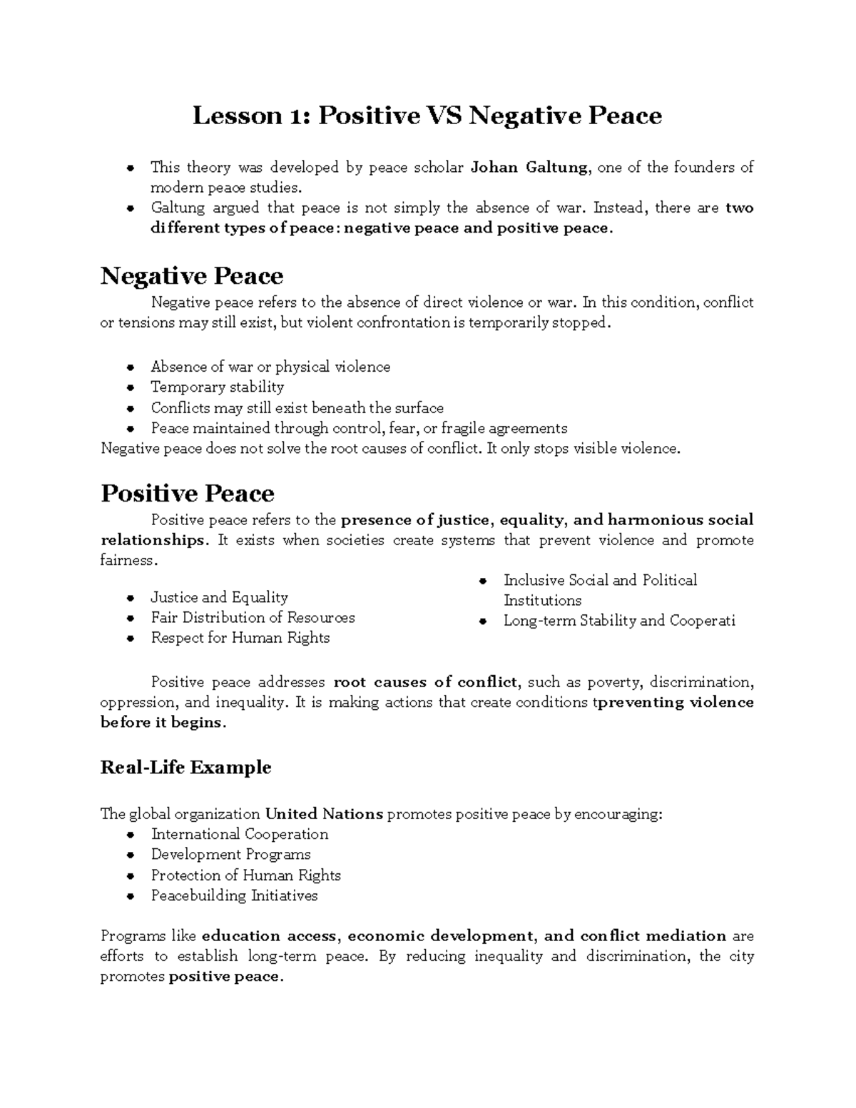 IDE 10.2 Lesson 1: Understanding Positive and Negative Peace - Studocu