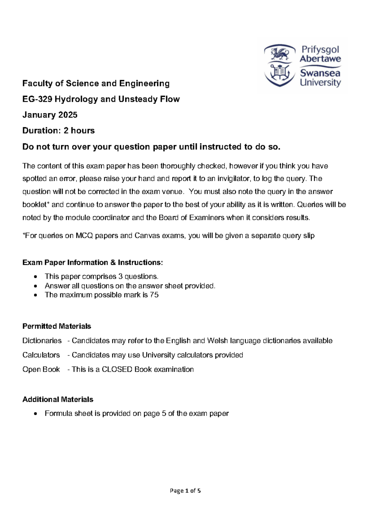 EG-329 Hydrology & Unsteady Flow Exam Paper January 2025 - Studocu