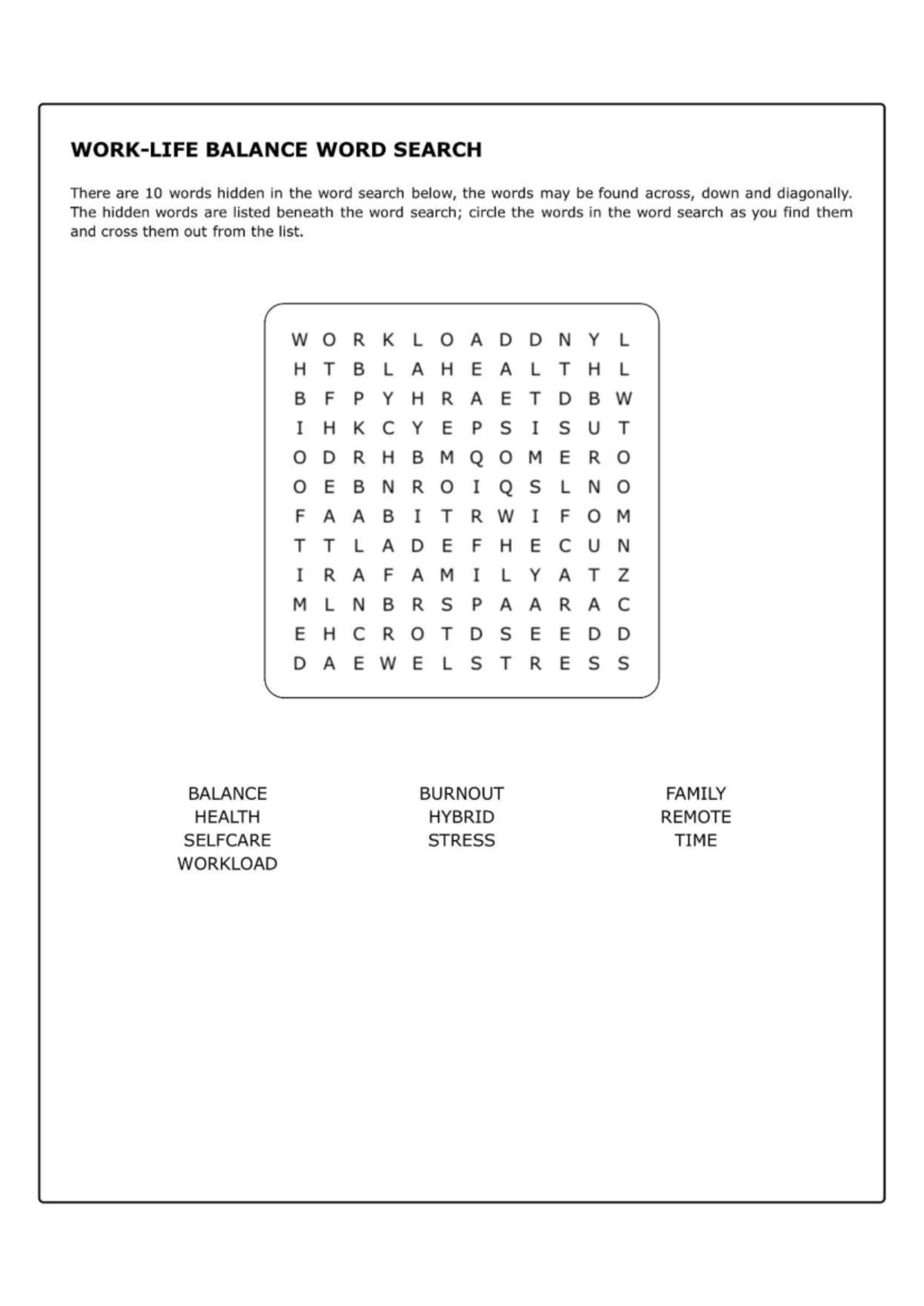 WORK-LIFE Balance Word Search Activity - Studocu