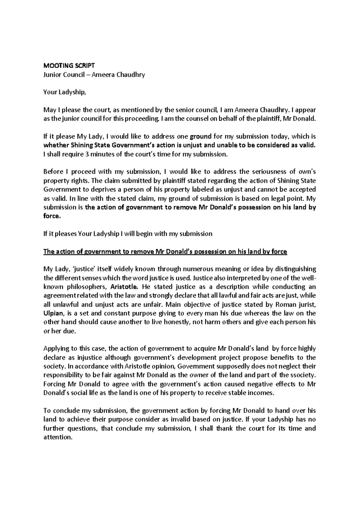 Sir Rebuttal Mooting - City Council of Mamaland State Case Analysis ...