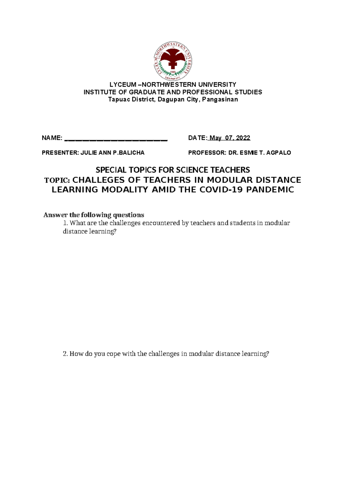 Worksheet IN Modular Distance Learning Modality - LYCEUM –NORTHWESTERN ...