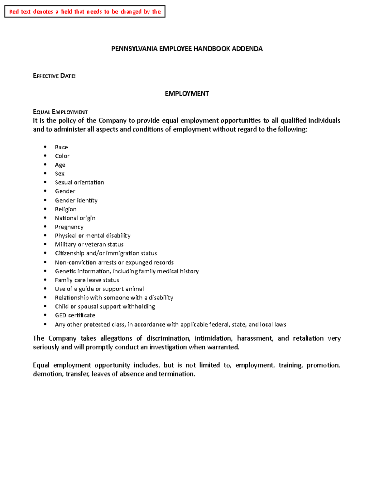 Pennsylvania Handbook Addendum - Red text denotes a field that needs to ...