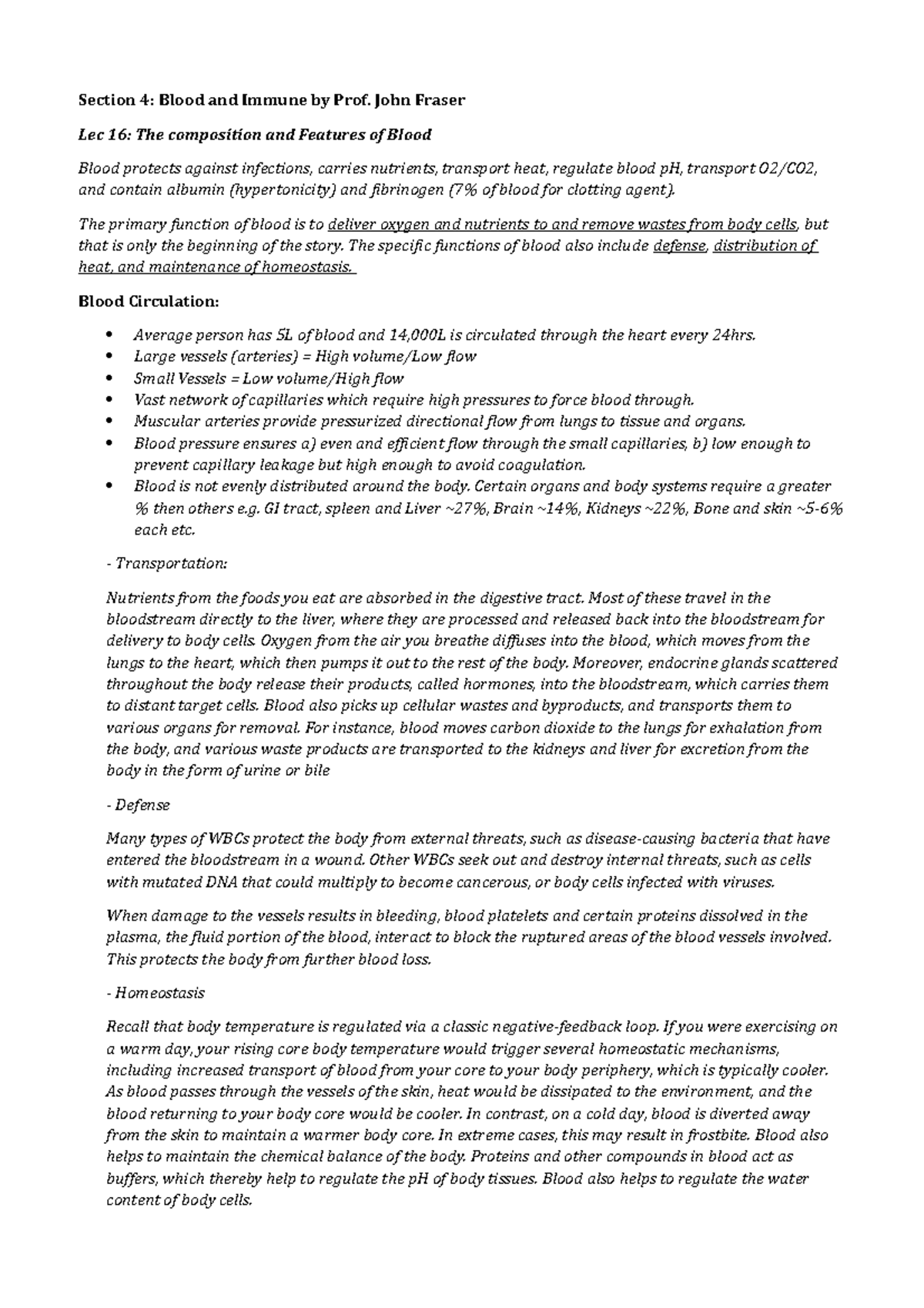 Blood and Immune System Overview - Section 4 Lecture Notes - Studocu