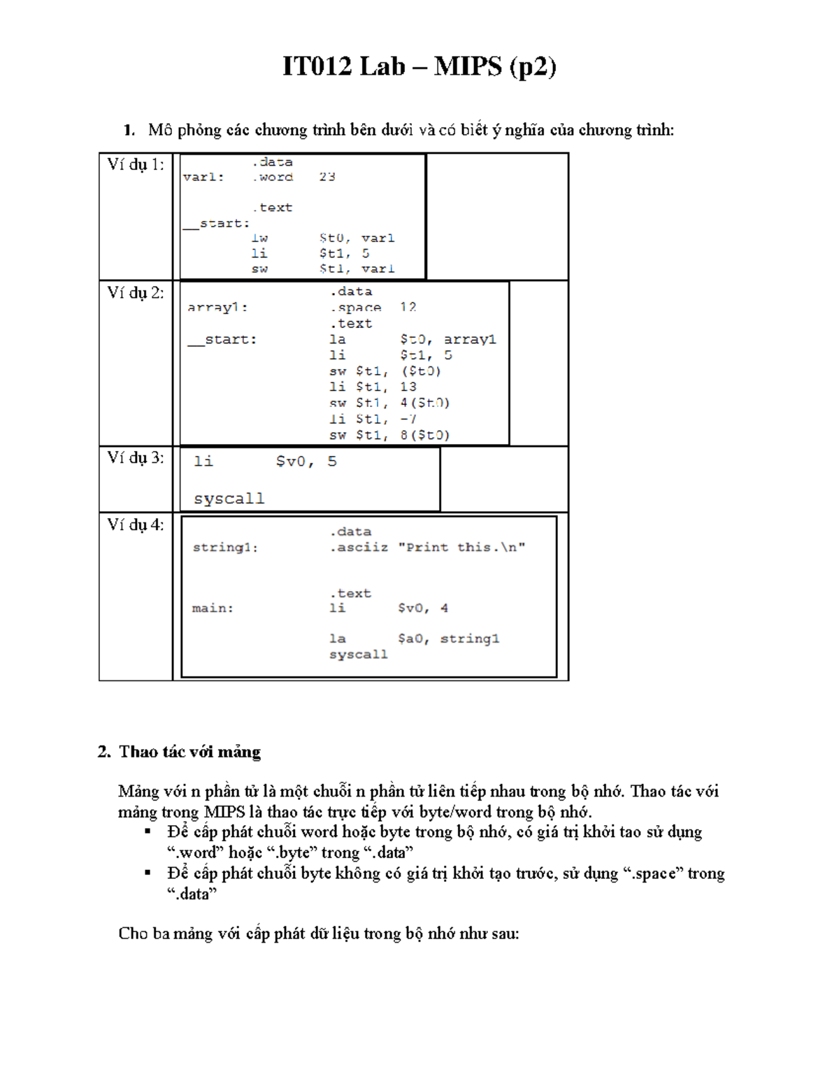 IT012-Lab04 - MIPS Programming with Arrays and Memory Operations - Studocu