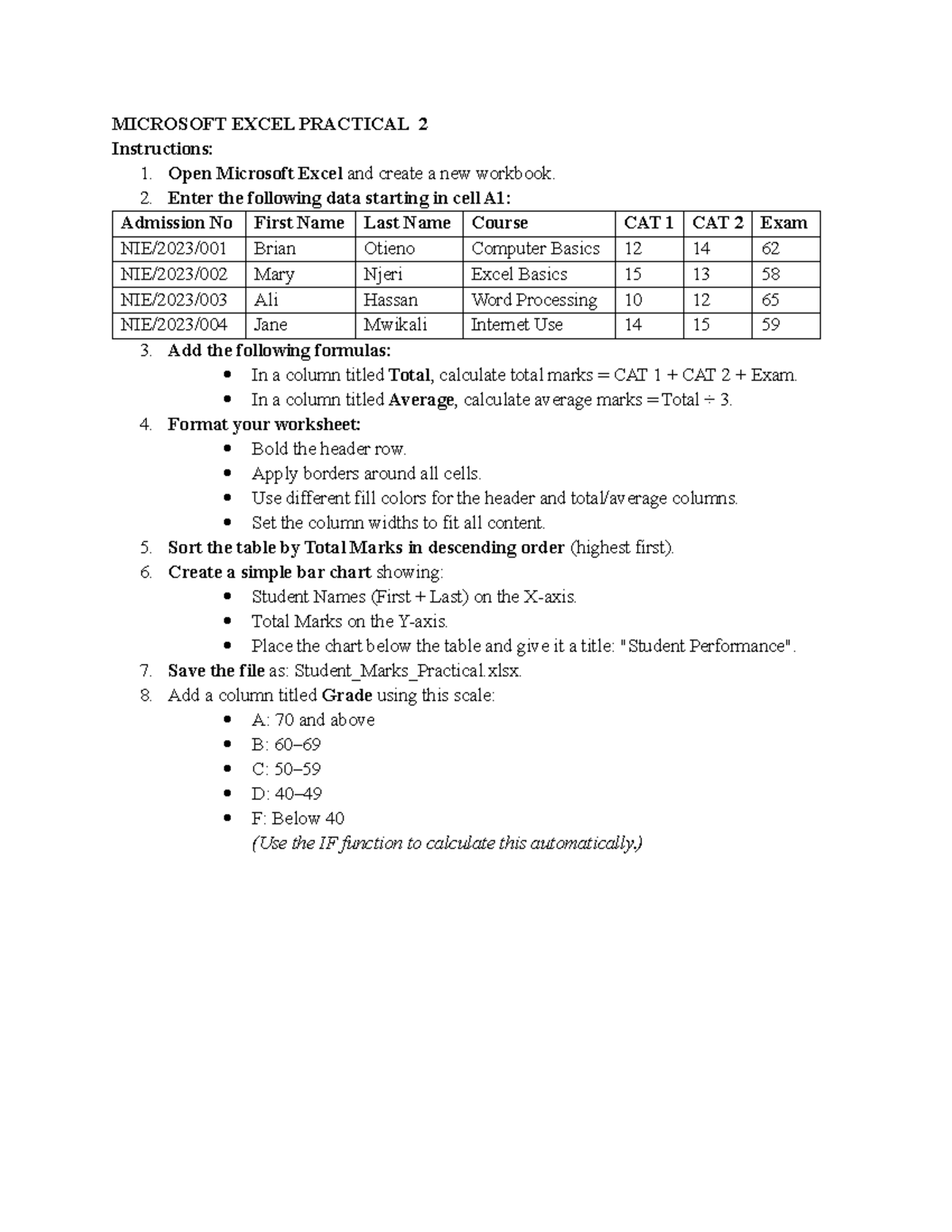 MICROSOFT EXCEL PRACTICAL 2: Student Marks Calculation Guide - Studocu
