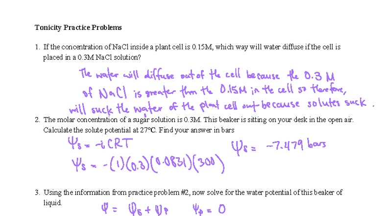 Water Potential Practice Problems 2-1: Tonicity and Solute Calculations ...