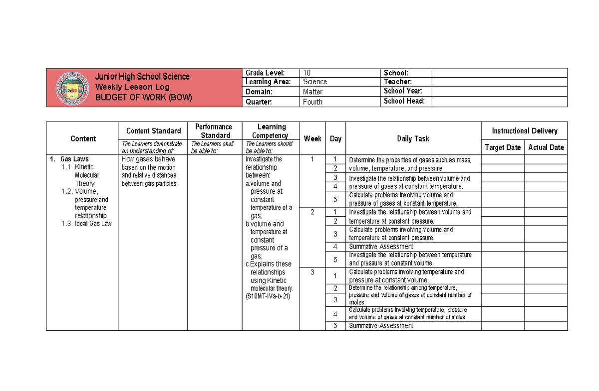 Grade 10 Science Weekly Lesson Log: Gas Laws & Chemical Reactions - Studocu