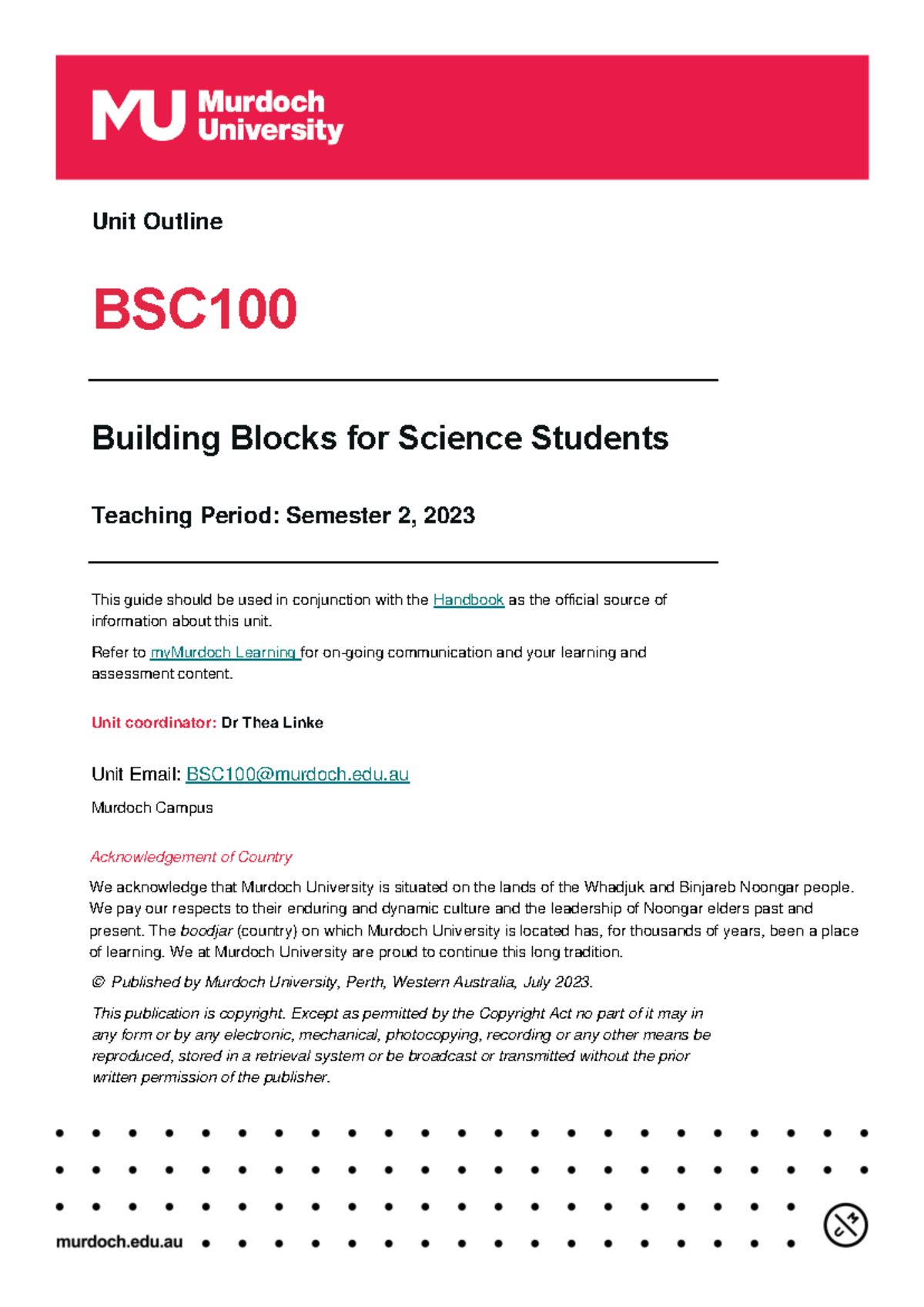 BSC100 Unit Guide: Building Blocks for Science Students - Semester 2 ...