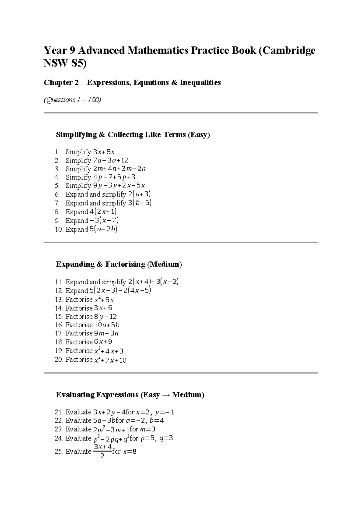Year 9 Advanced Mathematics Practice Book (Cambridge NSW S5) Chapters 2 ...