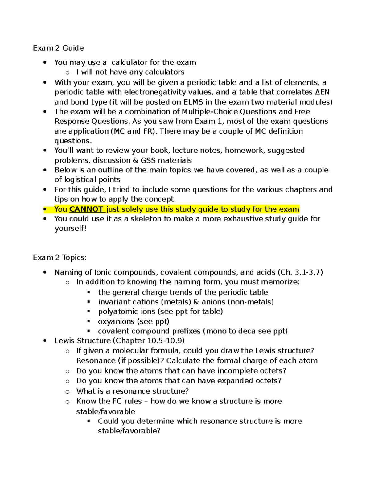 Exam 2 Study Guide for Chemistry: Key Concepts & Topics Review - Studocu