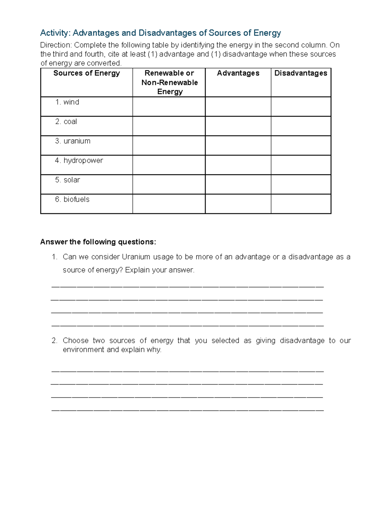 Advantages and Disadvantages of Sources of Energy - Activity ...