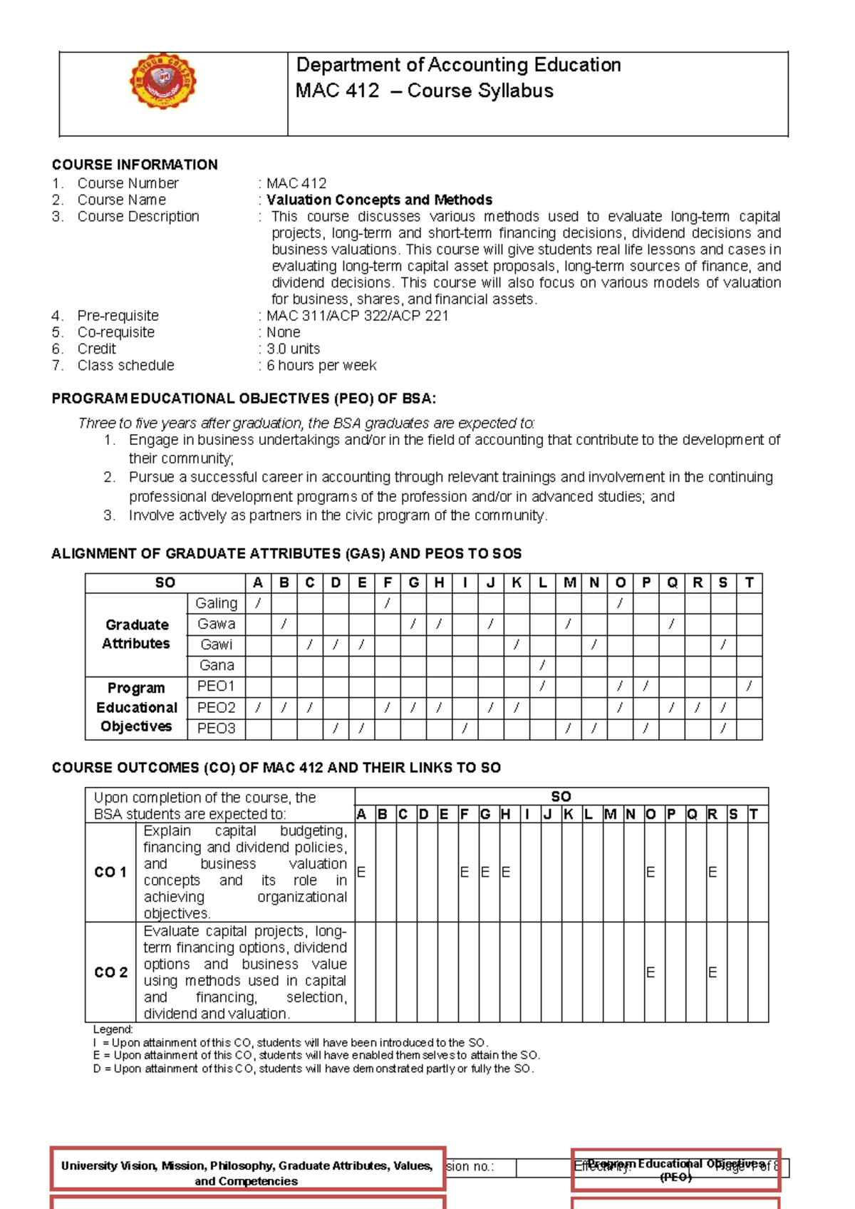 MAC 412 Course Syllabus: Valuation Concepts and Methods - Studocu