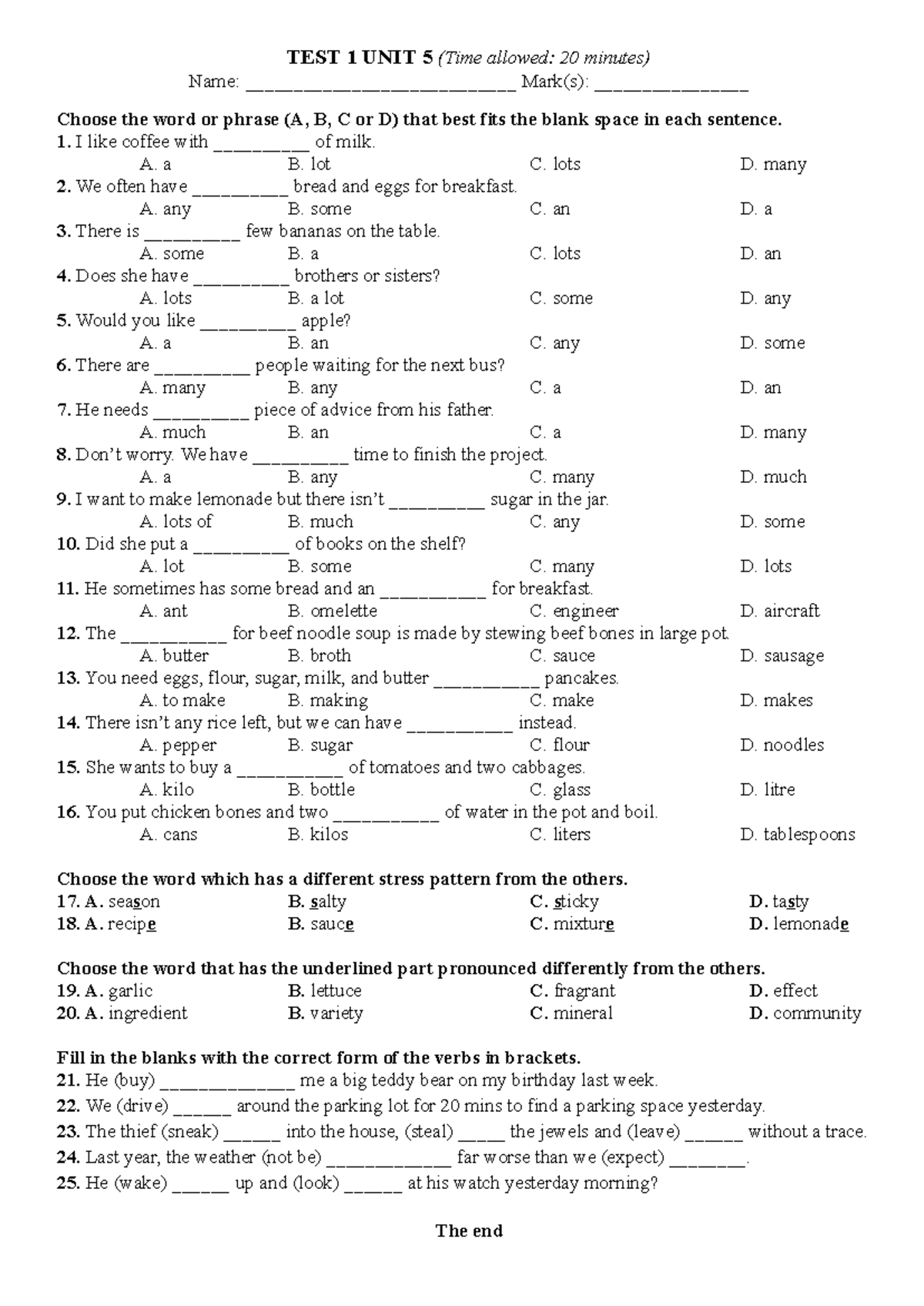 TEST 1 UNIT 5 - Vocabulary and Grammar Exercises - Studocu