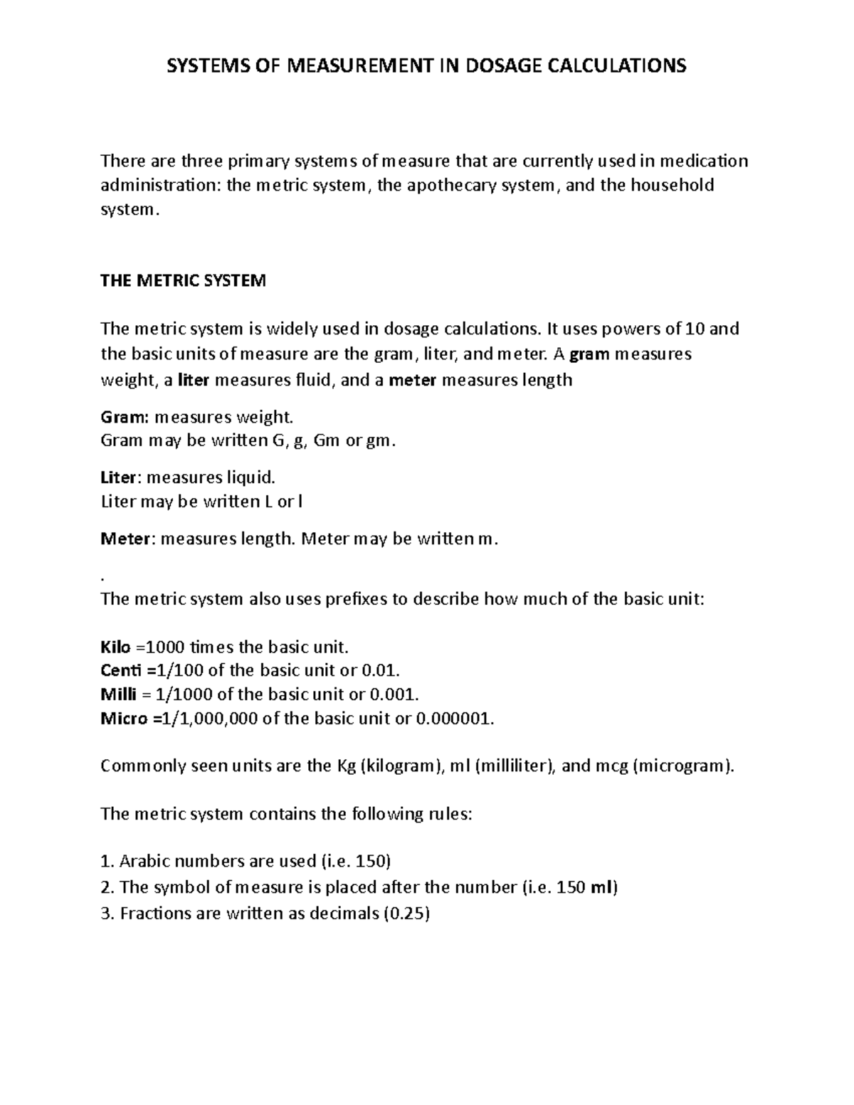 Dosage Calculation Systems: Metric & Apothecary Overview - Studocu